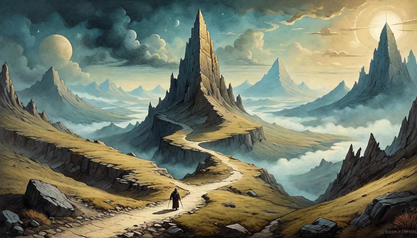  on parchment, surrealism+++, A narrow, rocky path leading upwards towards a distant, solitary peak under a vast, open sky. The journey of sacrifice, ascent towards enlightenment, rugged path, solitary quest, expansive sky, the trek of the soul.(mysterious, provocative, symbolic,muted color)+++