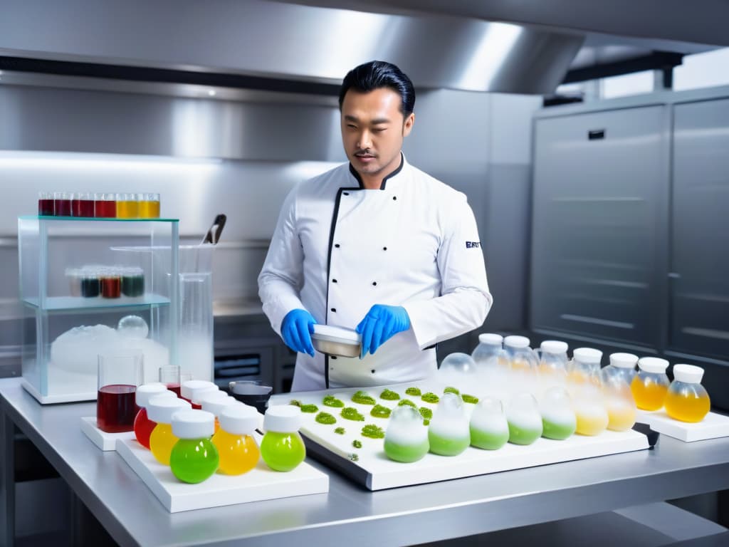  A photorealistic image of a skilled pastry chef in a modern kitchen, meticulously using scientific equipment to create molecular gastronomy desserts. The chef is focused and precise, surrounded by various ingredients and specialized tools, with colorful liquids bubbling in test tubes and delicate spheres of gel on display. The setting is sleek and futuristic, enhancing the professional and innovative atmosphere of molecular pastry creation. hyperrealistic, full body, detailed clothing, highly detailed, cinematic lighting, stunningly beautiful, intricate, sharp focus, f/1. 8, 85mm, (centered image composition), (professionally color graded), ((bright soft diffused light)), volumetric fog, trending on instagram, trending on tumblr, HDR 4K, 8K