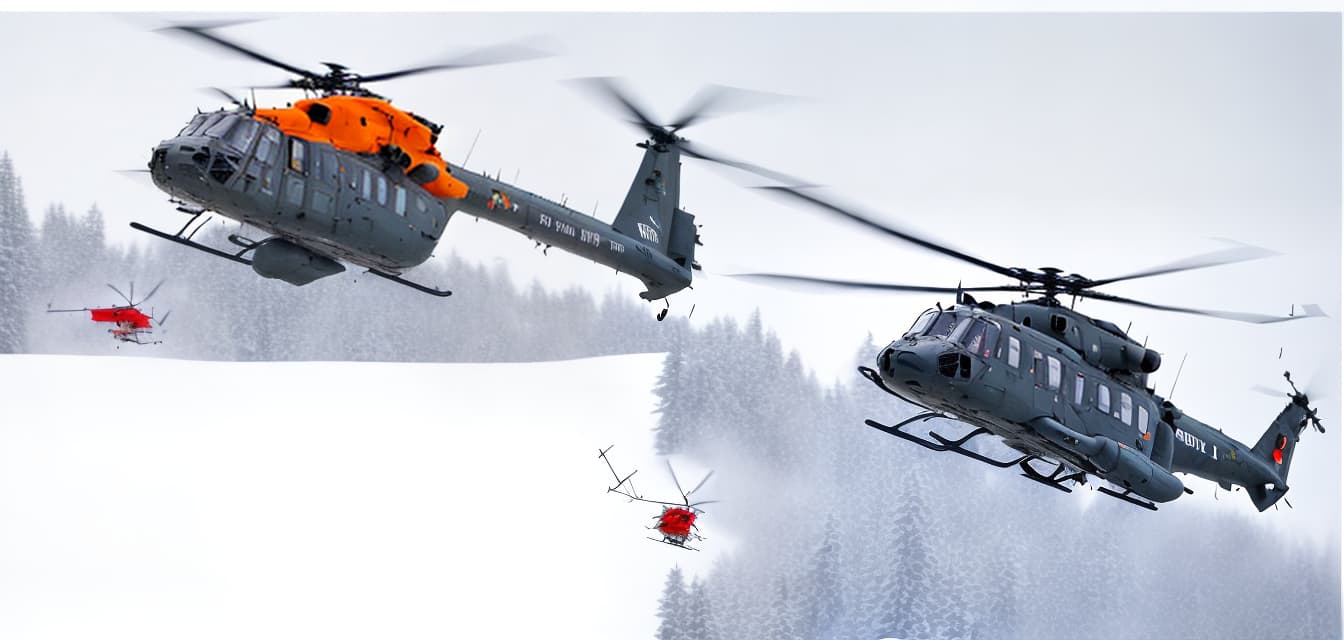 mdjrny-v4 style complete picture of a nh90 helicopter and an h145 luh sar flying over a snowy hill