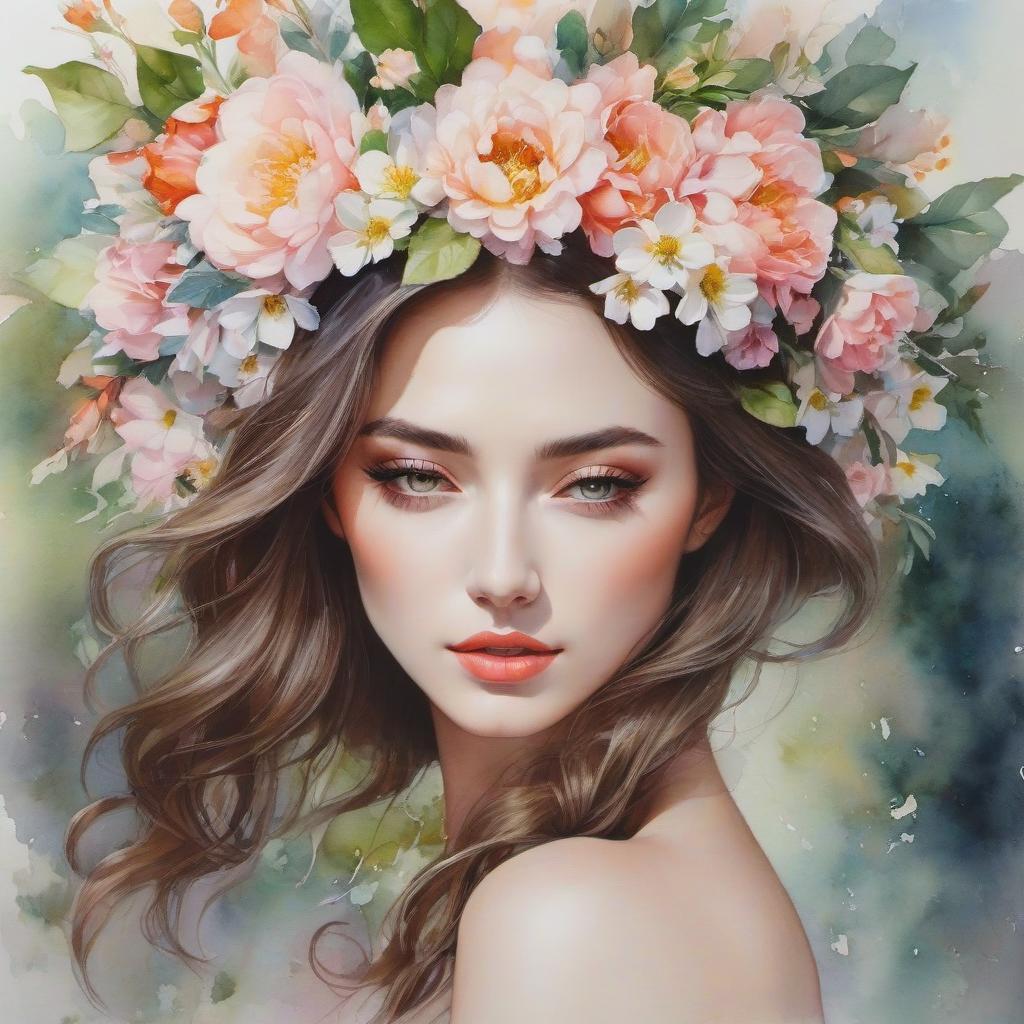  watercolor painting A watercolor painting of a young woman with a floral wreath on her head, featuring soft colors and a dreamy expression. . vibrant, beautiful, painterly, detailed, textural, artistic hyperrealistic, full body, detailed clothing, highly detailed, cinematic lighting, stunningly beautiful, intricate, sharp focus, f/1. 8, 85mm, (centered image composition), (professionally color graded), ((bright soft diffused light)), volumetric fog, trending on instagram, trending on tumblr, HDR 4K, 8K