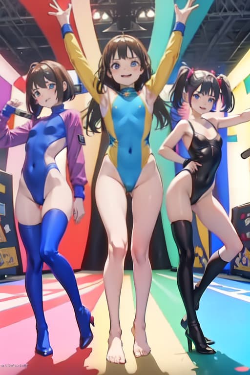  shiny rainbow body, full body spandex leotard, dafne keen, seductive, group of friends, smiling, rainbow lipstick