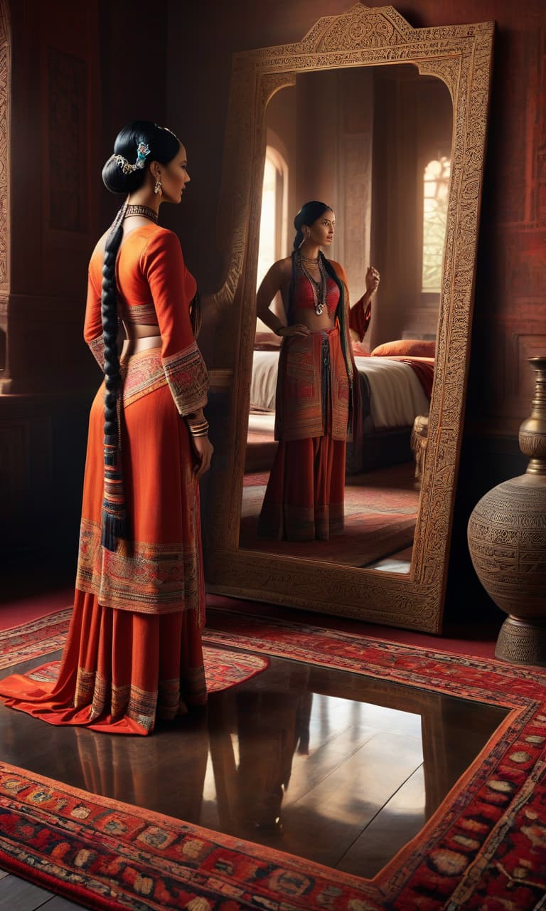  Representational art of a place where inventions and adventures are felt, a very detailed and deep depiction. A woman in ethnic clothing stands on a rug and admires her reflection in an ancient mirror. Use only three colors and their shades. hyperrealistic, full body, detailed clothing, highly detailed, cinematic lighting, stunningly beautiful, intricate, sharp focus, f/1. 8, 85mm, (centered image composition), (professionally color graded), ((bright soft diffused light)), volumetric fog, trending on instagram, trending on tumblr, HDR 4K, 8K