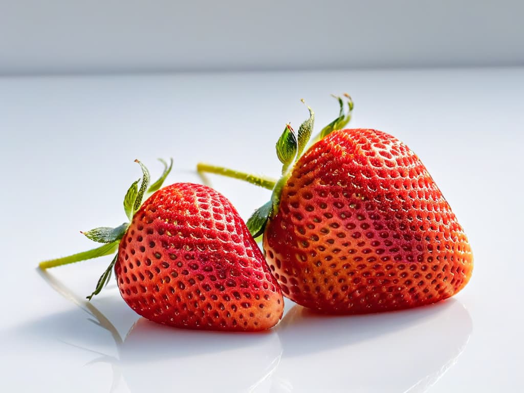  A minimalistic image of a perfectly ripe, vibrant red strawberry sliced in half, showcasing its seeds and juicy texture against a clean, white background. The strawberry is glistening with droplets of water, emphasizing its freshness and natural appeal. hyperrealistic, full body, detailed clothing, highly detailed, cinematic lighting, stunningly beautiful, intricate, sharp focus, f/1. 8, 85mm, (centered image composition), (professionally color graded), ((bright soft diffused light)), volumetric fog, trending on instagram, trending on tumblr, HDR 4K, 8K