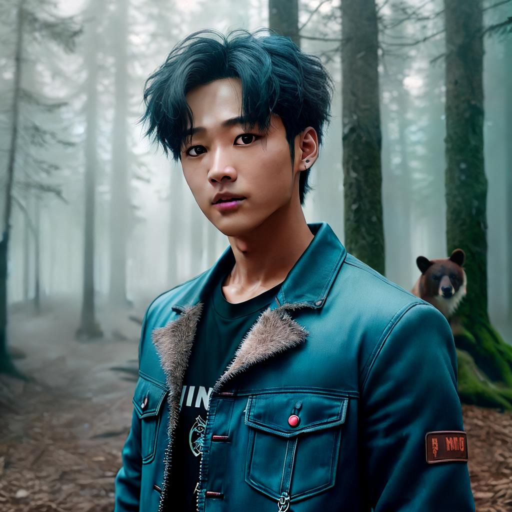  Minho from Stray Kids is in the woods with a bear and vodka with a bare torso ,highly detailed, cinematic lighting, stunningly beautiful, intricate, sharp focus, f1. 8, 85mm, (centered image composition), (professionally color graded), ((bright soft diffused light)), volumetric fog, trending on instagram, trending on tumblr, HDR 4K, 8K