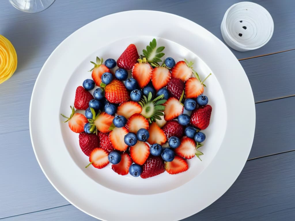  A minimalistic image featuring a beautifully arranged fruit platter with vibrant strawberries, blueberries, kiwi slices, and pineapple chunks, artfully displayed on a sleek, white ceramic plate. The fruits glisten enticingly under soft, natural lighting, highlighting their freshness and inviting appeal. Each piece is meticulously placed to create a visually pleasing composition that exudes health and flavor balance, perfectly complementing the article's theme of enjoying delicious desserts while prioritizing wellbeing. hyperrealistic, full body, detailed clothing, highly detailed, cinematic lighting, stunningly beautiful, intricate, sharp focus, f/1. 8, 85mm, (centered image composition), (professionally color graded), ((bright soft diffused light)), volumetric fog, trending on instagram, trending on tumblr, HDR 4K, 8K