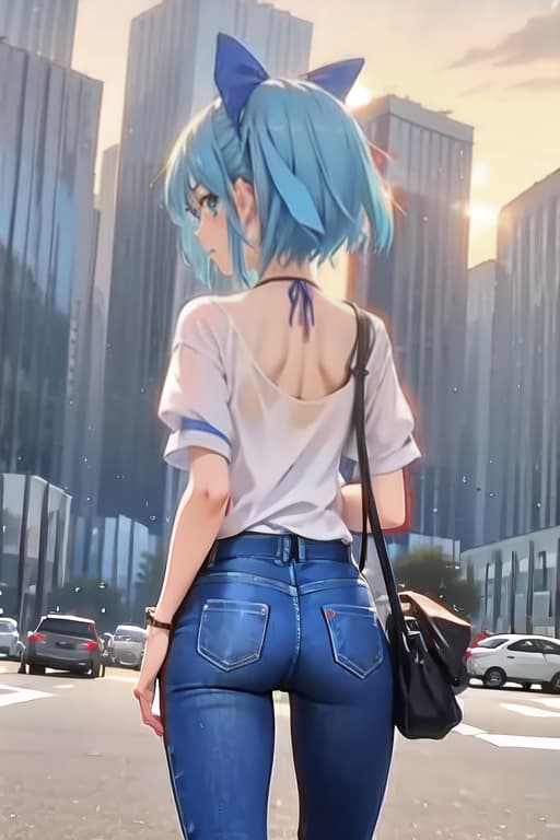  Cirno, from behind, jeans