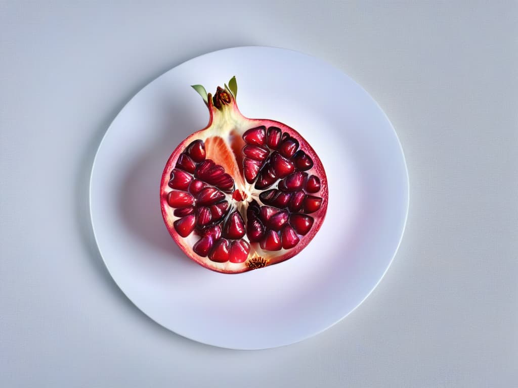  A highresolution, minimalist image of a vibrant pomegranate split open, showcasing the juicy rubyred arils against a clean, white background. hyperrealistic, full body, detailed clothing, highly detailed, cinematic lighting, stunningly beautiful, intricate, sharp focus, f/1. 8, 85mm, (centered image composition), (professionally color graded), ((bright soft diffused light)), volumetric fog, trending on instagram, trending on tumblr, HDR 4K, 8K