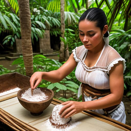  Attractive Mayan lady wearing transparent cotton clothes, grinding cocoa beans. Background rainforest with Mayans pyramids.