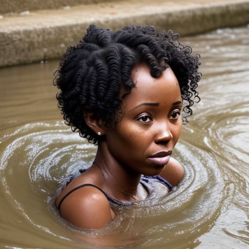  african woman's head with short and curly hair drowning in the river