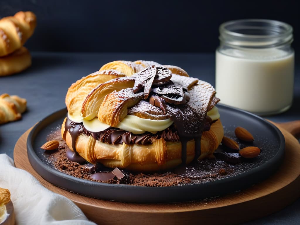  An ultradetailed image of a decadent, gooey chocolate hazelnut spread being generously spread onto a freshly baked vegan croissant. The rich homemade nutella oozes out of the flaky layers of the croissant, showcasing its creamy texture and irresistible appeal. The goldenbrown pastry contrasts beautifully with the dark, luscious spread, creating a mouthwatering and visually striking scene that perfectly captures the essence of homemade vegan indulgence. hyperrealistic, full body, detailed clothing, highly detailed, cinematic lighting, stunningly beautiful, intricate, sharp focus, f/1. 8, 85mm, (centered image composition), (professionally color graded), ((bright soft diffused light)), volumetric fog, trending on instagram, trending on tumblr, HDR 4K, 8K