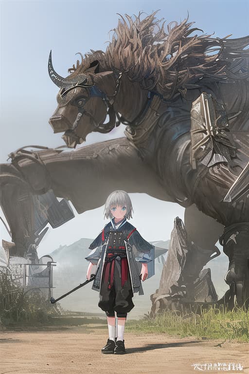  (masterpiece,best quality)、(raw photo realistic texture)、(ultra detailed gigantic dirty brown )、(Absurd ultra detailed clothes)、(accurate fingers & legs & ankles)、(super fine shiny face),dutch angle,(tiny boy),10-year old,super shiny silver hair,short blunt bangs,wolf fang,super fine blue eyes,frowning face,black knight,(large shield),outdoor,dynamic pose,(((頭にウンコを乗せる)))