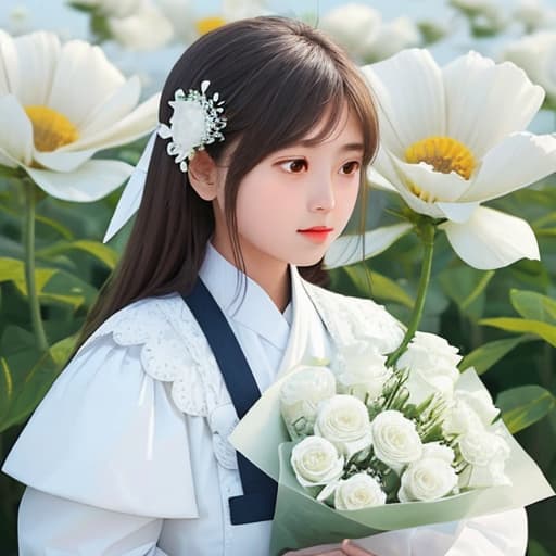  A girl with white flower ，