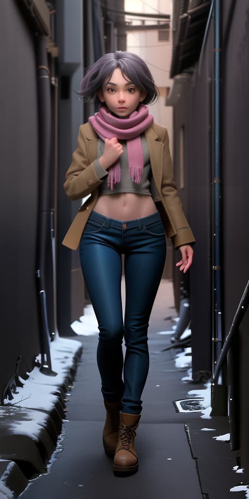  girl-takes off her pants, wearing a scarf, in an alley, back