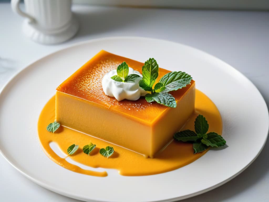  An ultradetailed image of a perfectly caramelized slice of creamy pumpkin flan, elegantly garnished with a delicate sprig of fresh mint, presented on a sleek, minimalistic white plate with subtle, soft lighting that highlights the smooth texture and rich color of the dessert. hyperrealistic, full body, detailed clothing, highly detailed, cinematic lighting, stunningly beautiful, intricate, sharp focus, f/1. 8, 85mm, (centered image composition), (professionally color graded), ((bright soft diffused light)), volumetric fog, trending on instagram, trending on tumblr, HDR 4K, 8K