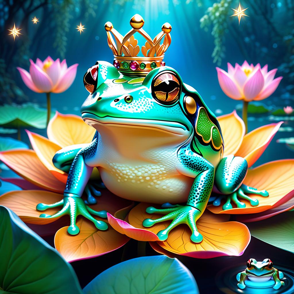  ethereal fantasy concept art of (Background): a lake with blooming lotuses of different shades: from white pink to bright crimson and leaves of tender green colour. The sky above the lake of dark blue colour with golden stars scattered on it. (Fantasy Princess Frog): in the centre of the lake on the biggest lotus flower sits a charming frog in a golden crown decorated with blue and blue precious stones. In his paws he holds a ring decorated with blue stones. Style: fantasy, Russian fairy tales, illustrations. . magnificent, celestial, ethereal, painterly, epic, majestic, magical, fantasy art, cover art, dreamy hyperrealistic, full body, detailed clothing, highly detailed, cinematic lighting, stunningly beautiful, intricate, sharp focus, f/1. 8, 85mm, (centered image composition), (professionally color graded), ((bright soft diffused light)), volumetric fog, trending on instagram, trending on tumblr, HDR 4K, 8K