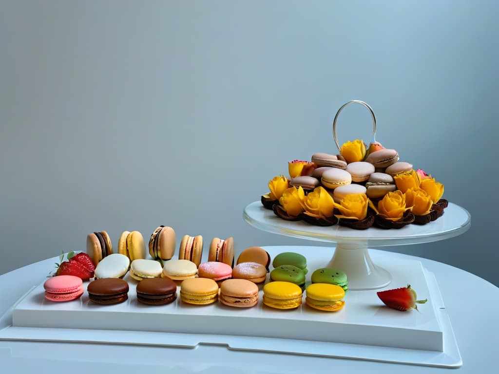  A minimalistic image of a sleek, modern dessert display showcasing a variety of delectable treats such as colorful macarons, elegant pastries, and decadent cakes. The desserts are artfully arranged on clean, white platters against a simple, uncluttered backdrop, emphasizing the beauty and craftsmanship of the sweets. The lighting is soft and focused, creating a subtle play of shadows that adds depth and sophistication to the overall composition. This image exudes elegance and professionalism, perfectly complementing the informative and inspirational tone of the article on legal considerations in dessert merchandising. hyperrealistic, full body, detailed clothing, highly detailed, cinematic lighting, stunningly beautiful, intricate, sharp focus, f/1. 8, 85mm, (centered image composition), (professionally color graded), ((bright soft diffused light)), volumetric fog, trending on instagram, trending on tumblr, HDR 4K, 8K