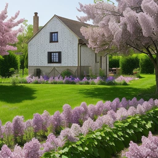  A farmhouse with a lilac growing over it and a cherry orchard and a raised vegetable garden bed