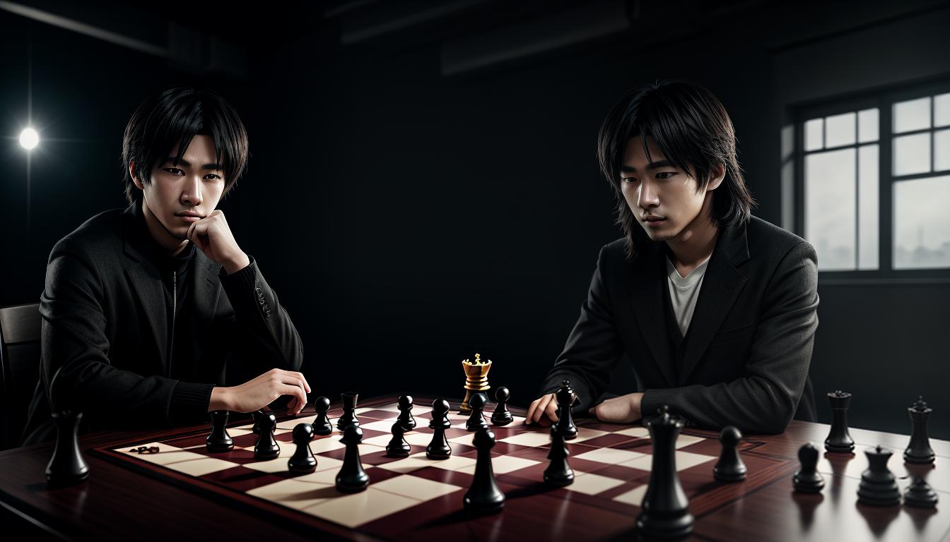  anime aesthetics, cinematic A chessboard with pieces in mid move, overseen by a thoughtful individual contemplating their next move. Indoor setting with warm, strategic atmosphere. Dynamic characters, intense action scenes, a color palette reminiscent of the era.4k, HDR, lens flare, visually stunning, emotionally evocative