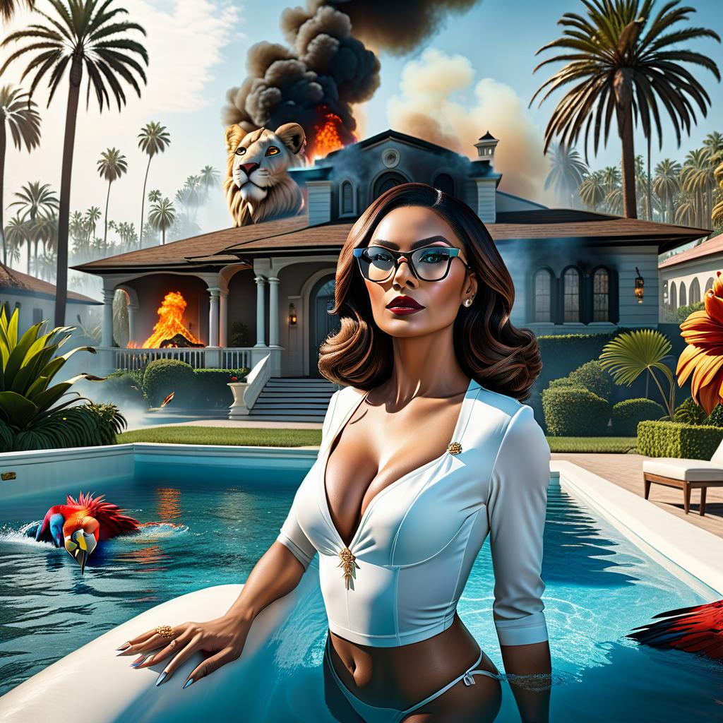  horror themed A wealthy woman in glasses is lying in a pool, nearby are lions, a house is on fire in the background, palm trees, parrots are flying, a white boat is on the horizon. . eerie, unsettling, dark, spooky, suspenseful, grim, highly detailed hyperrealistic, full body, detailed clothing, highly detailed, cinematic lighting, stunningly beautiful, intricate, sharp focus, f/1. 8, 85mm, (centered image composition), (professionally color graded), ((bright soft diffused light)), volumetric fog, trending on instagram, trending on tumblr, HDR 4K, 8K