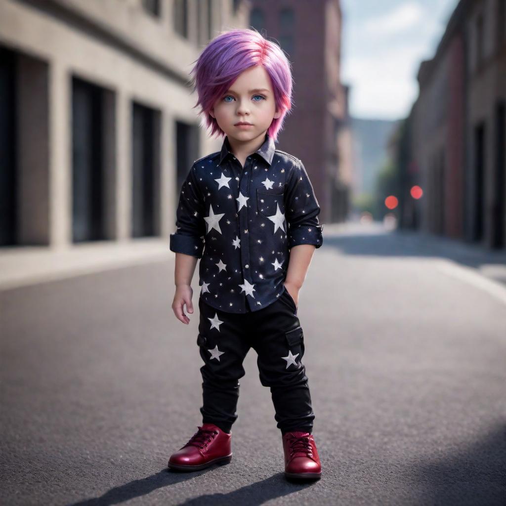  A kid with purple hair, blue eyes, light red skin, black shoes, black pants, and a shirt with stars on it hyperrealistic, full body, detailed clothing, highly detailed, cinematic lighting, stunningly beautiful, intricate, sharp focus, f/1. 8, 85mm, (centered image composition), (professionally color graded), ((bright soft diffused light)), volumetric fog, trending on instagram, trending on tumblr, HDR 4K, 8K