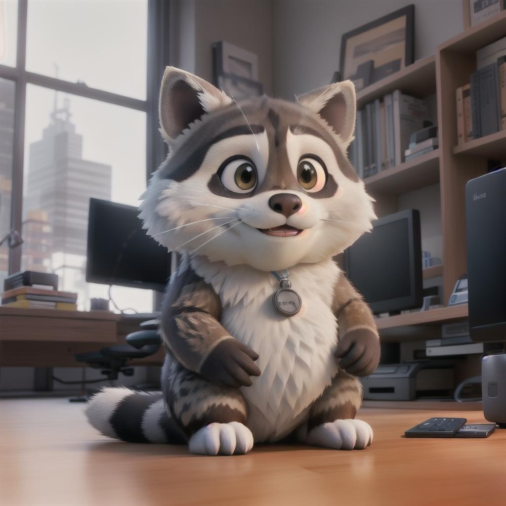  raccoon sitting in gaming chair front a computer on desktop, ((semi anthropomorphic)),(full body), tail, belly, sitting, fat, (chubby), (((white background))), solo, desktop, gaming chair, side view,  [[[clothes]]] hyperrealistic, full body, detailed clothing, highly detailed, cinematic lighting, stunningly beautiful, intricate, sharp focus, f/1. 8, 85mm, (centered image composition), (professionally color graded), ((bright soft diffused light)), volumetric fog, trending on instagram, trending on tumblr, HDR 4K, 8K