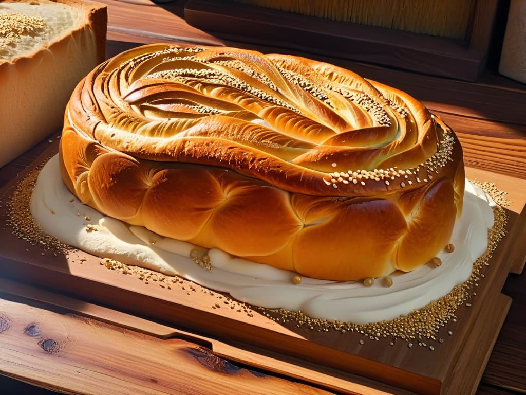  An ultradetailed closeup image of a golden, intricately braided loaf of Elven bread resting on a rustic wooden table, with a sprinkling of flour and a few scattered grains of wheat. The lighting highlights the delicate twists and patterns of the bread crust, showcasing its ethereal and magical quality. hyperrealistic, full body, detailed clothing, highly detailed, cinematic lighting, stunningly beautiful, intricate, sharp focus, f/1. 8, 85mm, (centered image composition), (professionally color graded), ((bright soft diffused light)), volumetric fog, trending on instagram, trending on tumblr, HDR 4K, 8K