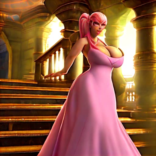  Create an anime image of a curvy lady on a ponytail hair wearing a pink gown that exposes her huge chest walking down a golden stairs. Smiling. Well detailed hyperrealistic, full body, detailed clothing, highly detailed, cinematic lighting, stunningly beautiful, intricate, sharp focus, f/1. 8, 85mm, (centered image composition), (professionally color graded), ((bright soft diffused light)), volumetric fog, trending on instagram, trending on tumblr, HDR 4K, 8K