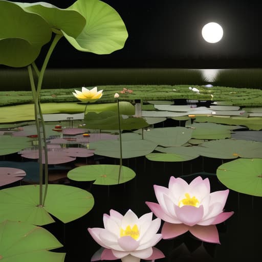  Night, moon, large aperture, lotus flower and pond