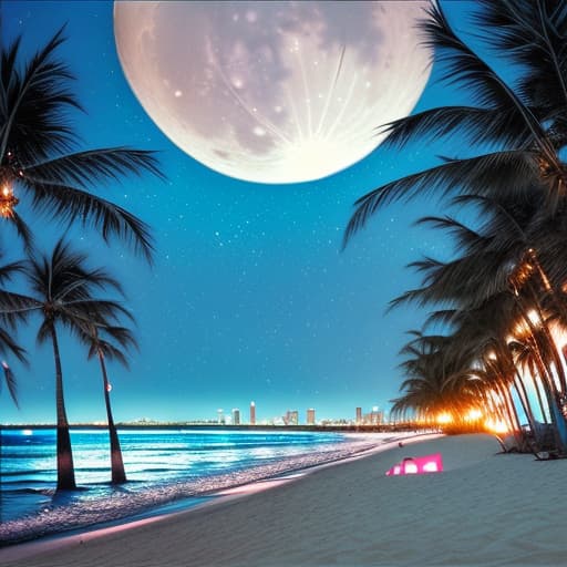  Night on a summer miami beach, city on the background, palm trees, footprints in the sand, full moon reflected in the calm ocean, galaxies showing