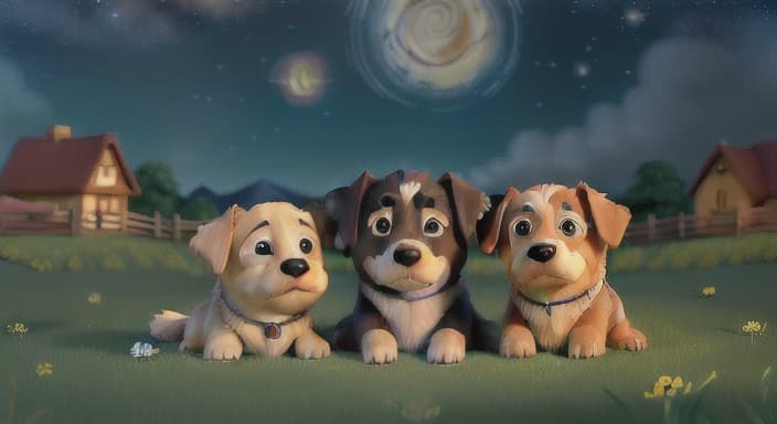  {A peaceful scene of the doggies snuggled up together under a starry night sky., Three best friends, dreaming sweet dreams under the twinkling stars.