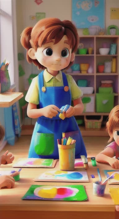  {Children gathered around a table full of paints, brushes, and paper., Kids wearing aprons, concentrating on their painting with bright colors on paper.