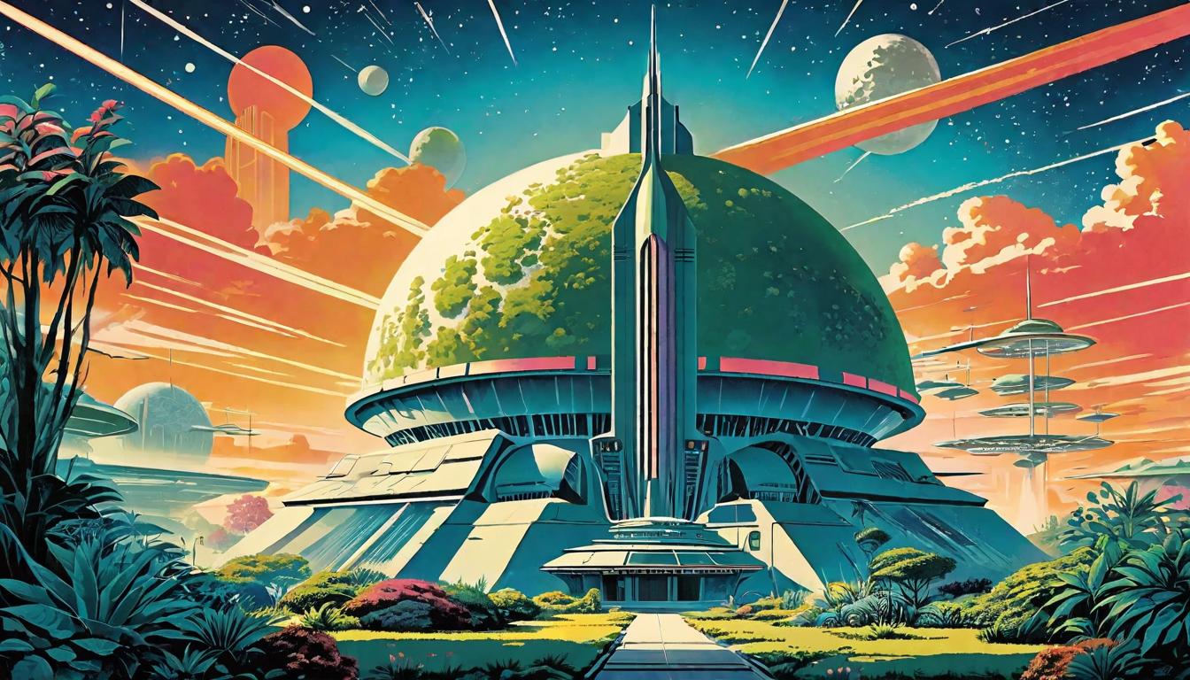  retro futuristic Dawn breaking over a peaceful, rejuvenated earth, plants bursting through concrete, Renewal, shift to higher consciousness lvintage sci fi, 50s and 60s style, atomic age, vibrant, highly detailed