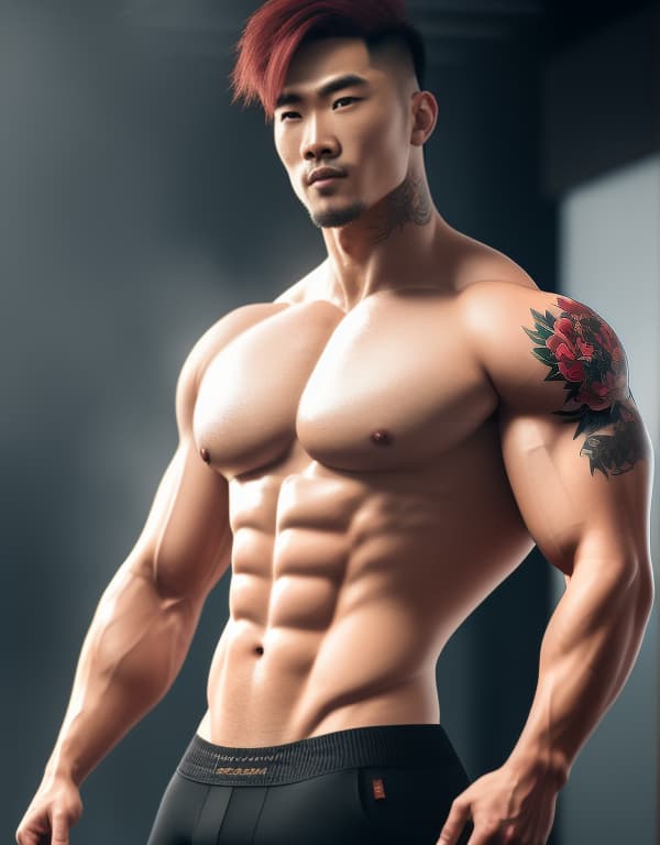  muscle, tattooed Chinese beautiful boy with white lace and red hair, lifting his in hill， whole dorsal body，red chest hair hyperrealistic, full body, detailed clothing, highly detailed, cinematic lighting, stunningly beautiful, intricate, sharp focus, f/1. 8, 85mm, (centered image composition), (professionally color graded), ((bright soft diffused light)), volumetric fog, trending on instagram, trending on tumblr, HDR 4K, 8K