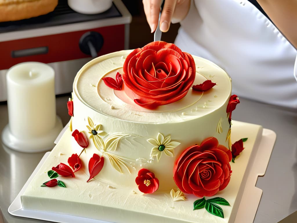  A photorealistic image of a skilled pastry chef delicately crafting a intricate sugar sculpture of a blooming rose atop a beautifully decorated cake. The chef's hands are focused and precise, showcasing the artistry and precision required to incorporate sugar sculptures into desserts. The background shows a pristine kitchen setting with various baking tools and ingredients, enhancing the professional and inspiring tone of the article. hyperrealistic, full body, detailed clothing, highly detailed, cinematic lighting, stunningly beautiful, intricate, sharp focus, f/1. 8, 85mm, (centered image composition), (professionally color graded), ((bright soft diffused light)), volumetric fog, trending on instagram, trending on tumblr, HDR 4K, 8K