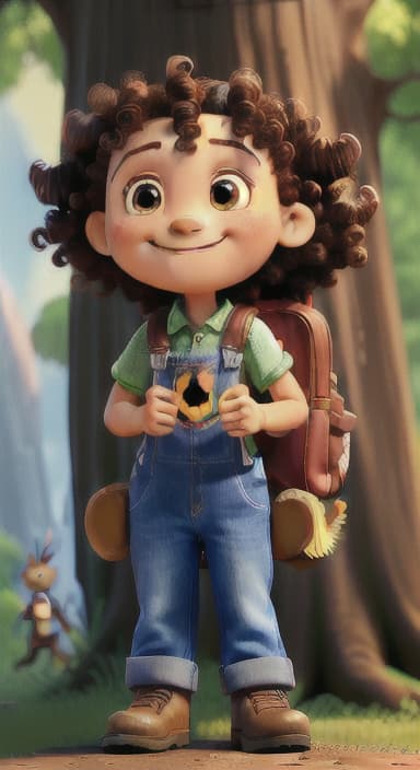  {The tree with a smiling face formed by its bark, looking down at Riley., Riley, a curious with big brown eyes and curly hair, wearing overalls and carrying a small backpack. Their friend, Skye, a bluebird with shiny feathers.