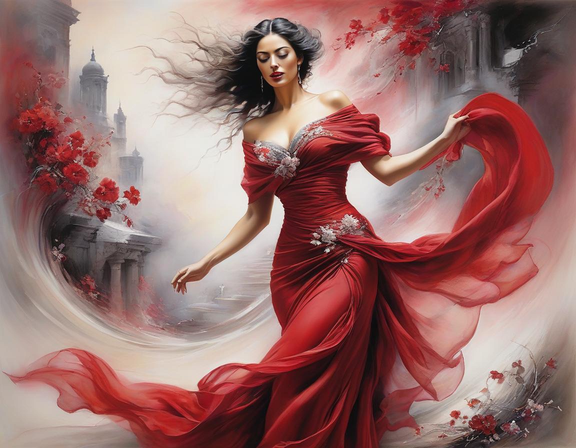  abstract expressionist painting depict an spanish woman, dancing, flowing floral scarf, elegant body lining. the backdrop is an ethereal spanish dreamscape of soft tones crimson, red, off white, magenta, grey. highly detailed. magic realism. alchemy. pastels, pen, ink and wash. luis royo, joaquin sorolla, georgia o’keeffe, arthur rackham. highest quality . energetic brushwork, bold colors, abstract forms, expressive, emotional hyperrealistic, full body, detailed clothing, highly detailed, cinematic lighting, stunningly beautiful, intricate, sharp focus, f/1. 8, 85mm, (centered image composition), (professionally color graded), ((bright soft diffused light)), volumetric fog, trending on instagram, trending on tumblr, HDR 4K, 8K