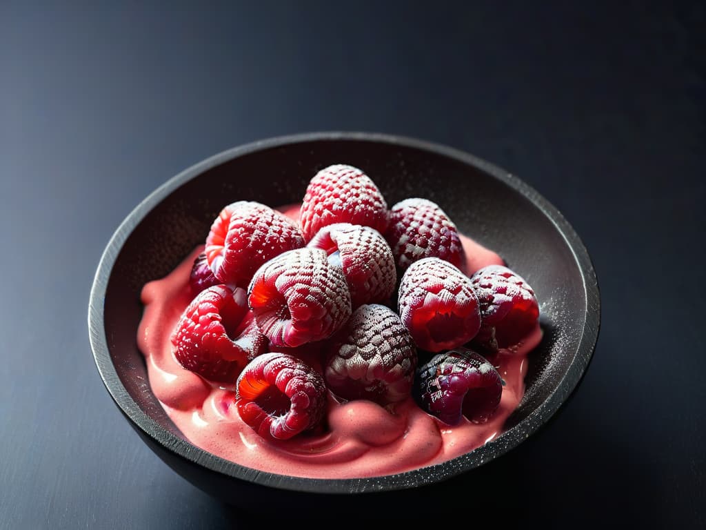  A closeup, ultradetailed image of a scoop of vibrant raspberry sorbet, glistening under soft natural light against a sleek, matte black background. The sorbet is perfectly round, showing intricate frozen raspberry pieces and tiny air bubbles, giving it a luxurious and inviting appearance. The texture is smooth and velvety, with a slight sheen that enhances the richness of the color. hyperrealistic, full body, detailed clothing, highly detailed, cinematic lighting, stunningly beautiful, intricate, sharp focus, f/1. 8, 85mm, (centered image composition), (professionally color graded), ((bright soft diffused light)), volumetric fog, trending on instagram, trending on tumblr, HDR 4K, 8K