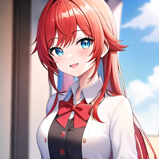  masterpiece, best quality, 1girl, school uniform, virtual youtuber, genshin impact, smile, face focus, brown hair, (( Girl )), (( energetic eyes )), (( aqua blue eyes )), (( copper red hair )), (( fully-clothed attire ))