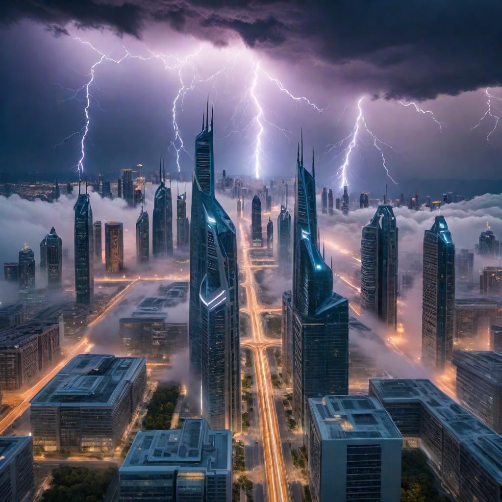  Futuristic city in the clouds with lightning all around, capturing a sense of awe and power, the city's architecture is sleek and modern, with transparent walkways and hovering vehicles. The sky is dynamic with multiple lightning bolts creating an intense backdrop. hyperrealistic, full body, detailed clothing, highly detailed, cinematic lighting, stunningly beautiful, intricate, sharp focus, f/1. 8, 85mm, (centered image composition), (professionally color graded), ((bright soft diffused light)), volumetric fog, trending on instagram, trending on tumblr, HDR 4K, 8K