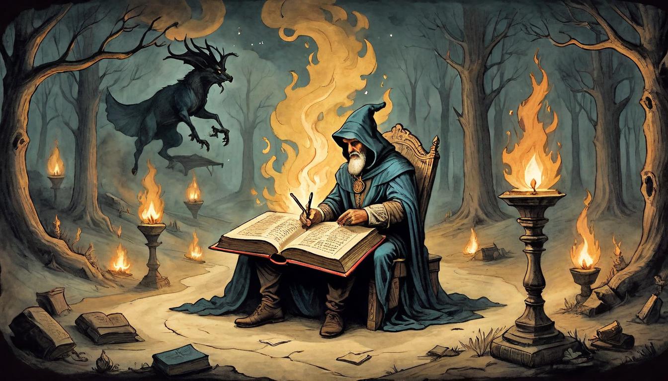  on parchment, surrealism+++, Historian by a fire, ancient book in hand, stories of others, inspiration drawn, path illuminated, confidence and grace(mysterious, provocative, symbolic,muted color)+++