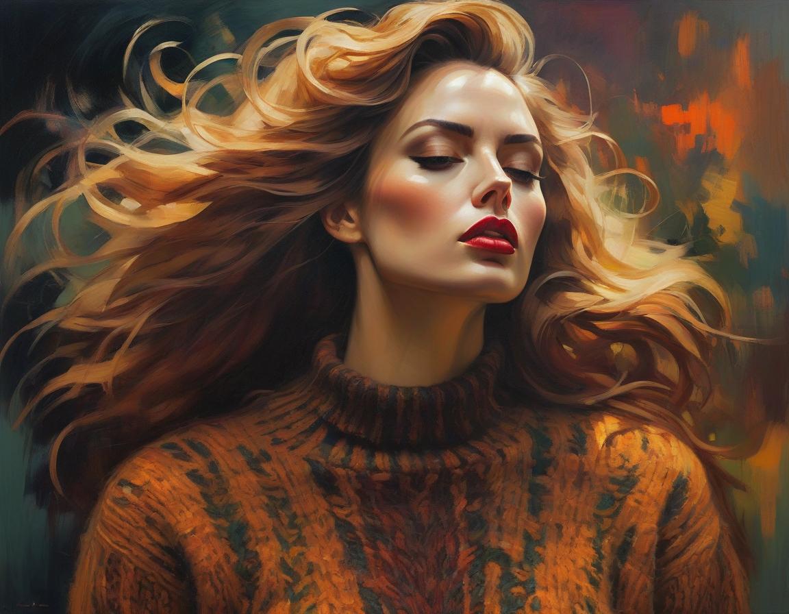  abstract expressionist painting Sweater girl. Oil painting by Malcolm Liepke. autumn colors, cozy oversized sweater, flowing hair, intricate details, rich textures, masterful use of light and shadow, contemporary art . energetic brushwork, bold colors, abstract forms, expressive, emotional hyperrealistic, full body, detailed clothing, highly detailed, cinematic lighting, stunningly beautiful, intricate, sharp focus, f/1. 8, 85mm, (centered image composition), (professionally color graded), ((bright soft diffused light)), volumetric fog, trending on instagram, trending on tumblr, HDR 4K, 8K