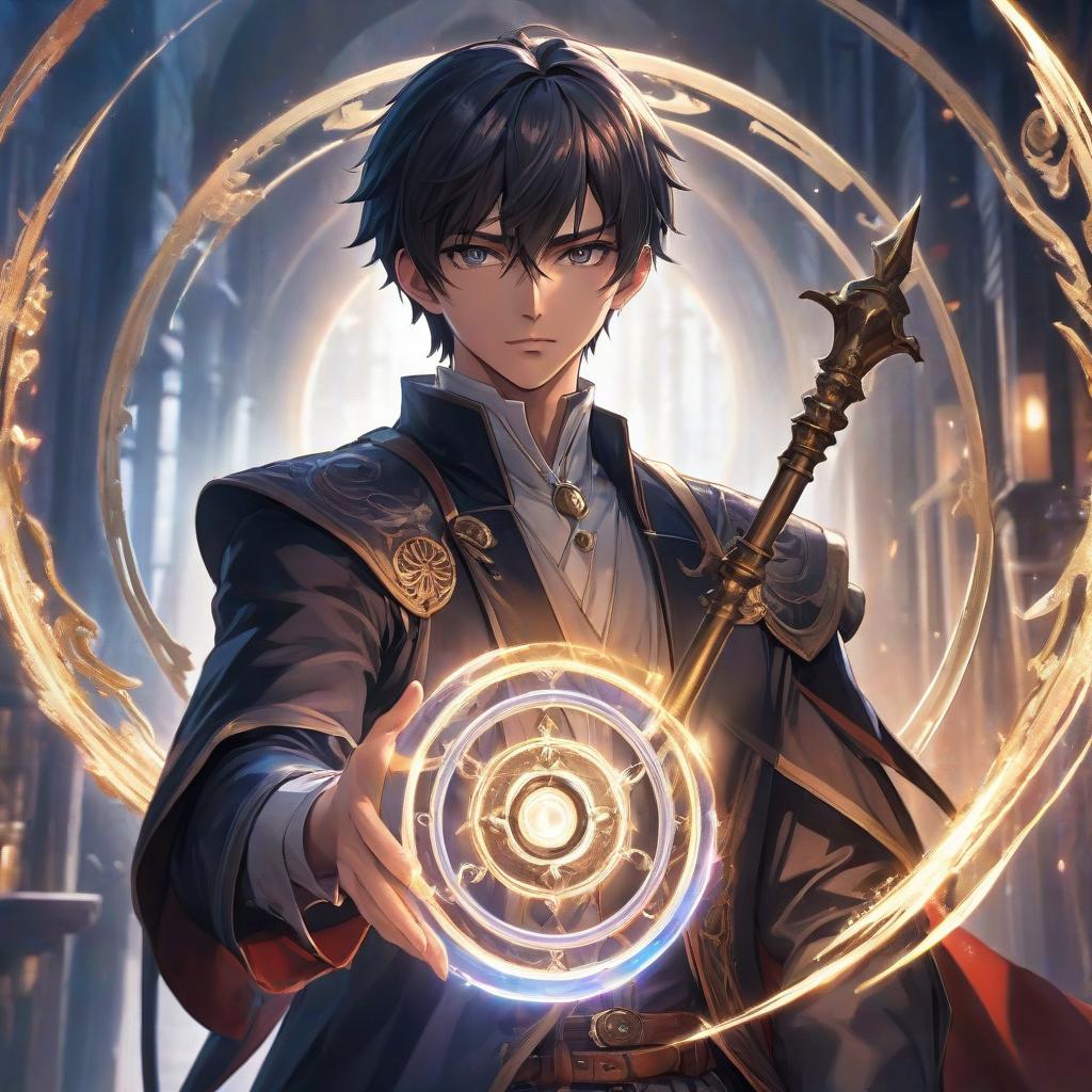  anime artwork A man in a merchant's clothing with a staff in his hands in a fantasy style draw a magical circle behind. . anime style, key visual, vibrant, studio anime, highly detailed hyperrealistic, full body, detailed clothing, highly detailed, cinematic lighting, stunningly beautiful, intricate, sharp focus, f/1. 8, 85mm, (centered image composition), (professionally color graded), ((bright soft diffused light)), volumetric fog, trending on instagram, trending on tumblr, HDR 4K, 8K