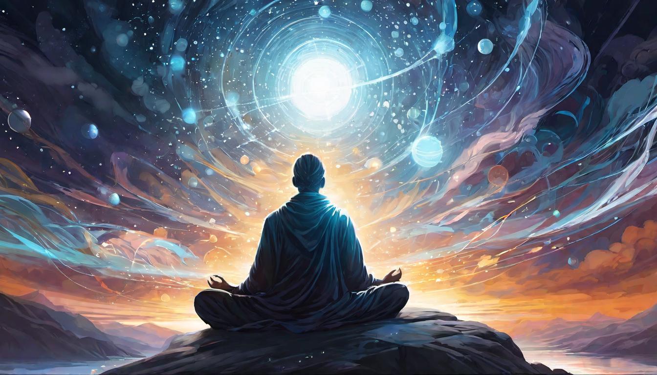  digital illustration, A lone figure, seated in a meditative pose, surrounded by flowing energies and light orbs, crucial enlightenment, focal point of energy, serene focus, tranquil yet powerful, essential awakening, looking at viewer, dynamic pose, (intricate details, masterpiece, best quality)