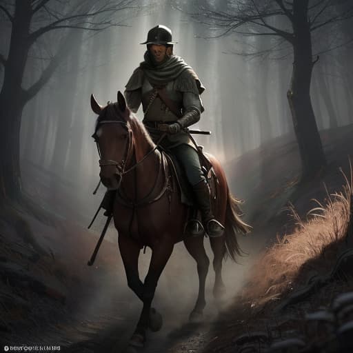  Un hombre con armadura de guerra desgastada dañada sin casco con rostro lastimado montando un caballo de color marrón caminando por un bosque sombrío oscuro ambiente triste y oscuro con cabeza en picada ambiente triste con lluvia llorando Cinematic Quality, High Resolution, Dramatic hyperrealistic, full body, detailed clothing, highly detailed, cinematic lighting, stunningly beautiful, intricate, sharp focus, f/1. 8, 85mm, (centered image composition), (professionally color graded), ((bright soft diffused light)), volumetric fog, trending on instagram, trending on tumblr, HDR 4K, 8K