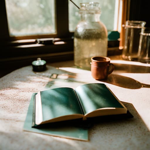 analog style in the alchemist's room. There is a spell book on the table. There are alchemical ingredients on the table. There is a forest outside the window. magical signs are circling over the book