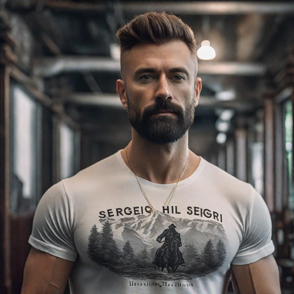  draw me a man with the inscription "Sergei" on his T-shirt hyperrealistic, full body, detailed clothing, highly detailed, cinematic lighting, stunningly beautiful, intricate, sharp focus, f/1. 8, 85mm, (centered image composition), (professionally color graded), ((bright soft diffused light)), volumetric fog, trending on instagram, trending on tumblr, HDR 4K, 8K