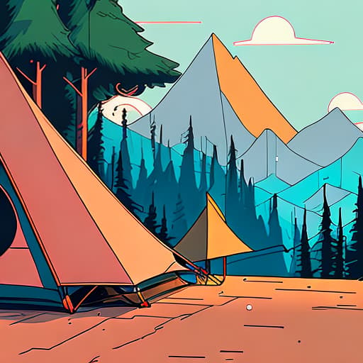 nvinkpunk Whimsical mountains with trees, camping tent and fire