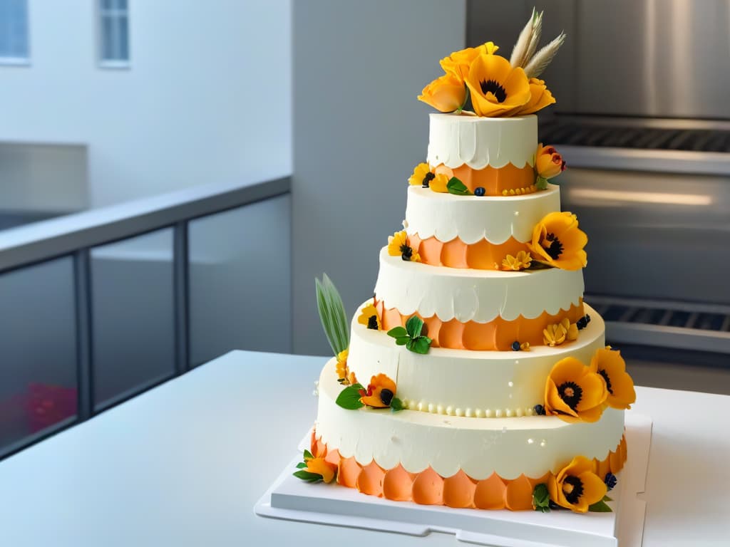  A closeup, photorealistic image of a beautifully intricate wedding cake created using 3D printing technology in a bakery setting. The cake is adorned with delicate floral patterns and ornate details, showcasing the precision and artistry achievable with 3D printing in pastry making. The image captures the fine textures, vibrant colors, and overall exquisite craftsmanship of the edible masterpiece, evoking a sense of awe and admiration for the fusion of technology and culinary artistry. hyperrealistic, full body, detailed clothing, highly detailed, cinematic lighting, stunningly beautiful, intricate, sharp focus, f/1. 8, 85mm, (centered image composition), (professionally color graded), ((bright soft diffused light)), volumetric fog, trending on instagram, trending on tumblr, HDR 4K, 8K