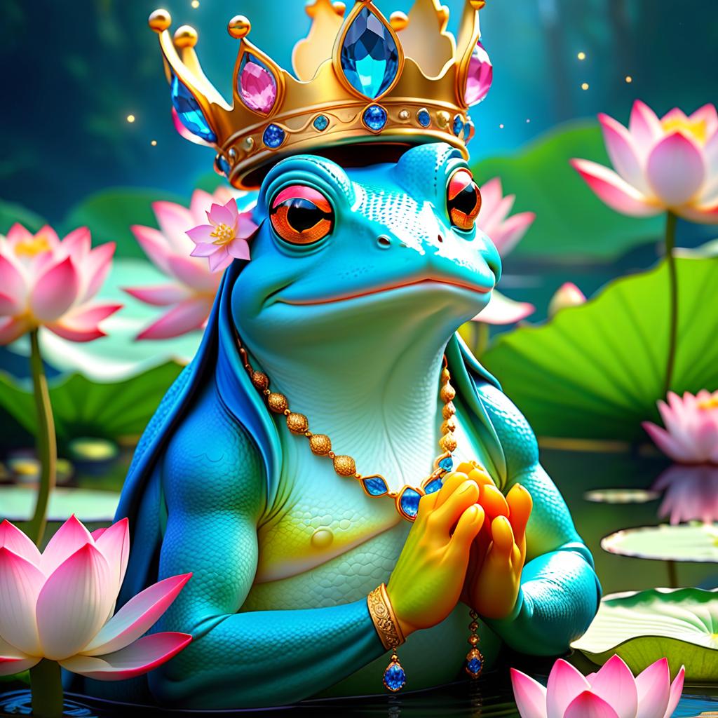  ethereal fantasy concept art of (Background): a lake with blooming lotuses of different shades: from white pink to bright crimson and leaves of tender green colour. The sky above the lake of dark blue colour with golden stars scattered on it. (Fantasy Princess Frog): in the centre of the lake on the biggest lotus flower sits a charming frog in a golden crown decorated with blue and blue precious stones. In his paws he holds a ring decorated with blue stones. Style: fantasy, Russian fairy tales, illustrations. . magnificent, celestial, ethereal, painterly, epic, majestic, magical, fantasy art, cover art, dreamy hyperrealistic, full body, detailed clothing, highly detailed, cinematic lighting, stunningly beautiful, intricate, sharp focus, f/1. 8, 85mm, (centered image composition), (professionally color graded), ((bright soft diffused light)), volumetric fog, trending on instagram, trending on tumblr, HDR 4K, 8K