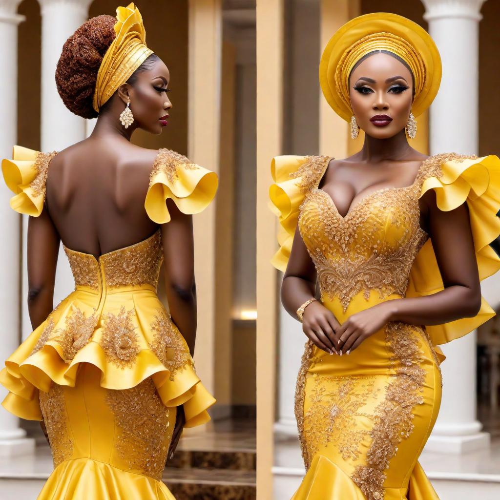  A beautiful aso ebi dress with a mixture of yellow and brown colors, featuring frills, and a long after dress, bedazzled with crystalline embellishments. hyperrealistic, full body, detailed clothing, highly detailed, cinematic lighting, stunningly beautiful, intricate, sharp focus, f/1. 8, 85mm, (centered image composition), (professionally color graded), ((bright soft diffused light)), volumetric fog, trending on instagram, trending on tumblr, HDR 4K, 8K